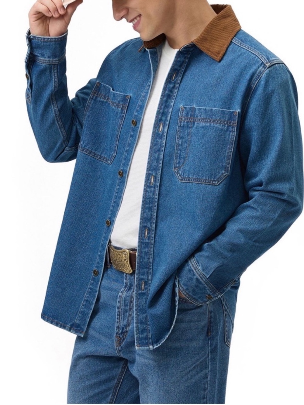 Frye xl Men's Blue Denim Jacket with Brown Corduroy Collar